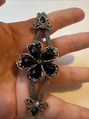 Black Crystal Flower Statement Bracelet - Women Jewelry